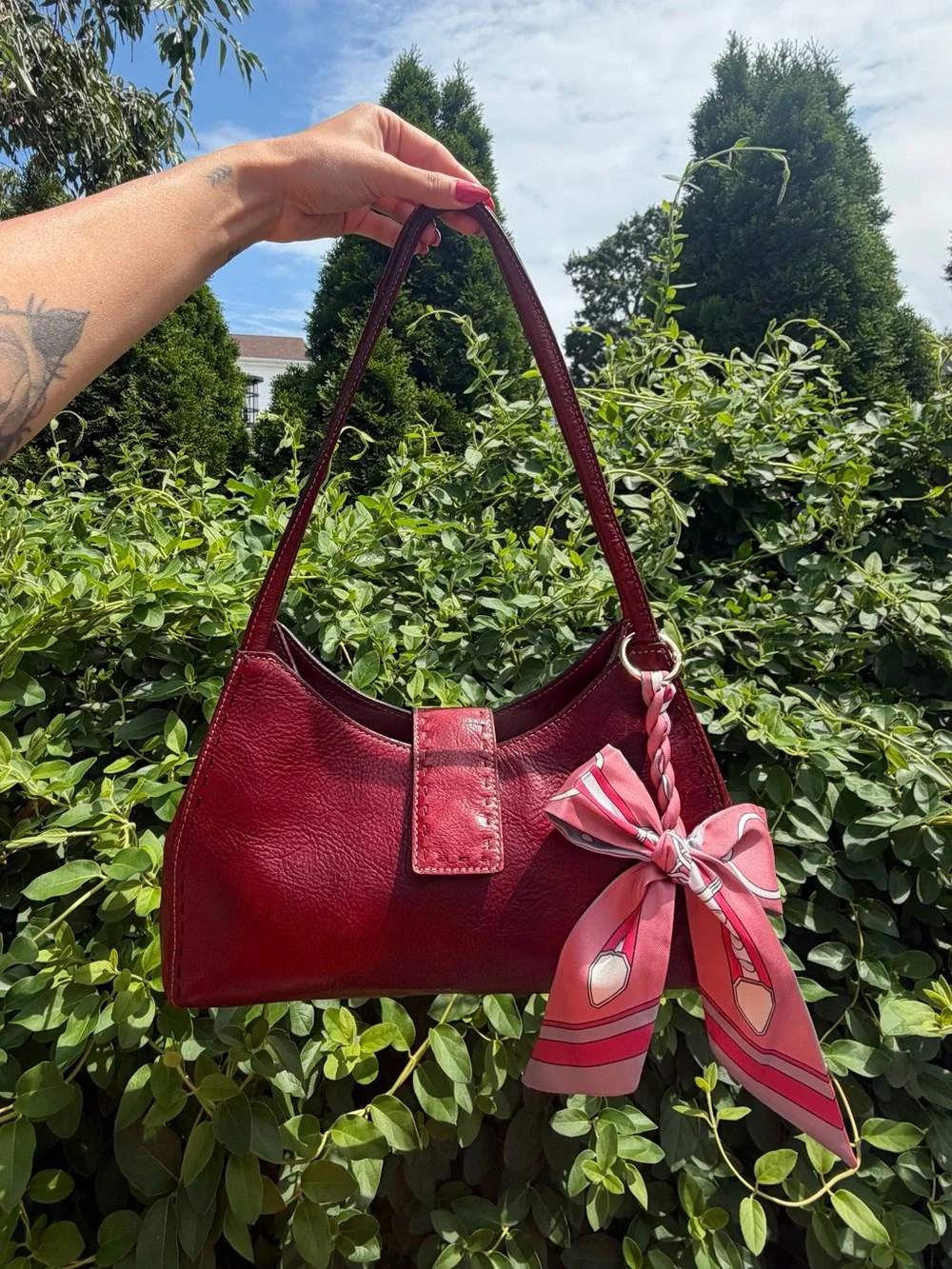 Classic Women's Shoulder Bag in Burgundy with Scarf Accent
